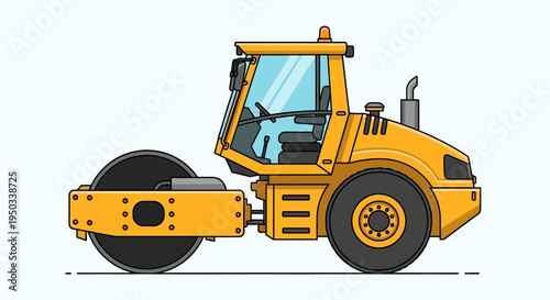 Yellow Steamroller Compactor Machine on White Background, Construction Equipment Vector Illustration