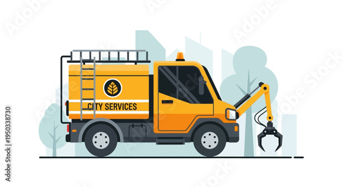 Yellow City Services Truck with Claw Arm and Ladder in Urban Background
