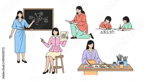Educator at Work: The image showcases an educator engaged in diverse activities, from lecturing at the blackboard to guiding the students, depicting dedication and passion for learning.