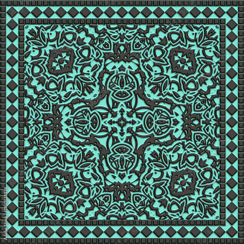 3D render of a seamless mosaic pattern with glazed ceramic tiles on an abstract decorative wall surface