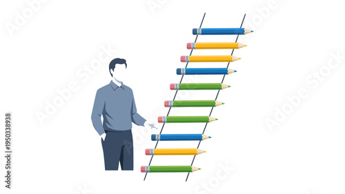 Climbing to Success: A metaphorical illustration of a person reaching towards a ladder of colorful pencils, symbolizing career growth and professional development