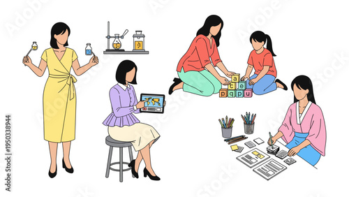 Diverse Women in Action: Women are engaged in various daily activities, showcasing the multifaceted roles and responsibilities of modern women. 