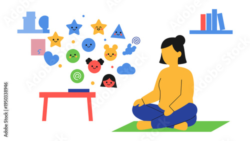 Child's Imaginative Journey: A child sits serenely in a vibrant room, surrounded by whimsical floating shapes and symbols that dance from an invisible projector.