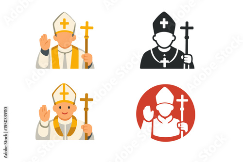 Set of Pope icons in different graphic styles including flat design, black silhouette, and circular emblem. Catholic church leader with mitre and cross staff vector illustration for design.