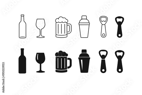Collection of black bar and alcohol icons featuring wine bottle, wine glass, beer mug with foam, cocktail shaker, and bottle opener in both outline and solid silhouette styles for graphic design.