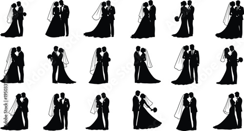 wedding couple silhouette set, bride and groom romantic poses collection, marriage ceremony love concept isolated illustration pack