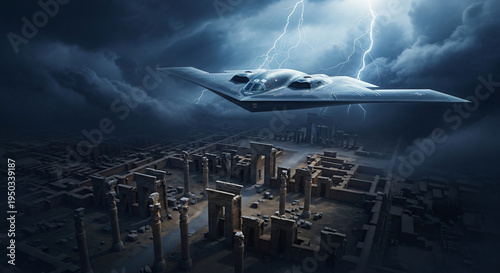 B-2 Spirit stealth bomber emerging from storm clouds above ancient Persian ruins in Iran, dramatic digital concept art, ArtStation style, highly detailed