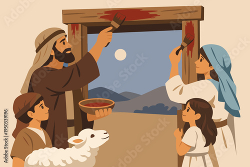 Biblical Vector Illustration of a Hebrew Family Anointing Doorposts with Lamb's Blood Following God's Command for Passover Protection, Exodus Story Scene with Man, Woman, Children and Lamb.