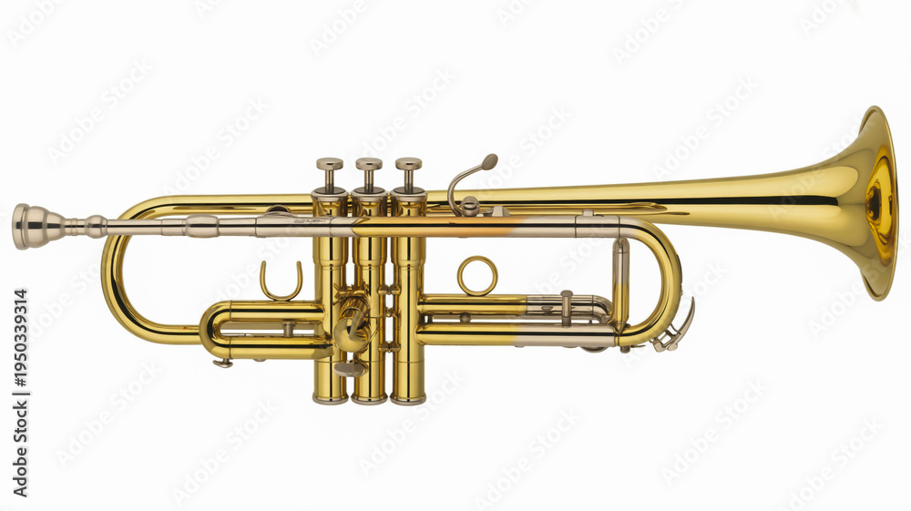 Fototapeta premium A polished brass trumpet with three valves and a bell flare isolated on transparent background