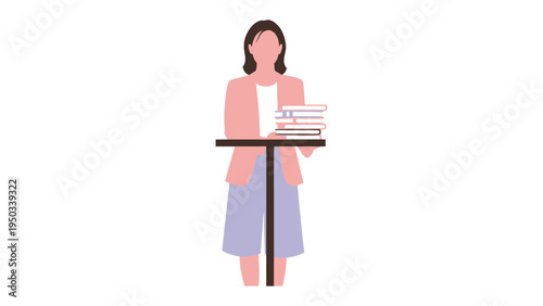 Knowledge Keeper: A woman, standing behind a small table holding stack of books. capturing the essence of scholarly pursuits and sharing knowledge.