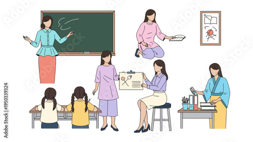 Empowering Education: Illustrative depictions of educators in various classroom scenarios, showcasing active teaching and guidance
