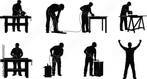 Carpenter worker silhouettes set, people cutting drilling sanding wood with power tools in workshop, woodworking industry vector illustration collection