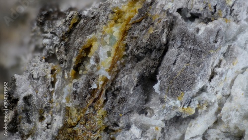 Macro image of phosphohedyphane white gray translucent with vauquelinite black microspheres from Murzinsky Mine, Krasnoshchekino, Altai Krai, via microscope, 10x magnification, 3.6mm field of view.