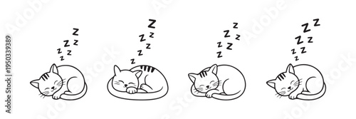 Collection of stylized sleeping cats in various poses with zzz symbols cute vector illustrations