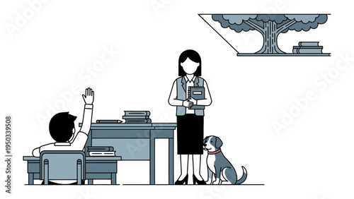 Classroom Interaction Illustration: A teacher and a student engage in a learning setting, the student raising their hand with a canine companion alongside.