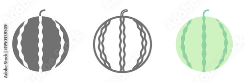 スイカアイコンセット 白黒・線画・カラーのシンプルな果物イラスト素材