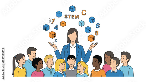 STEM Education: Empowering young minds, a dedicated teacher fosters a nurturing environment, guiding a diverse group of students in an engaging STEM (Science, Technology, Engineering.