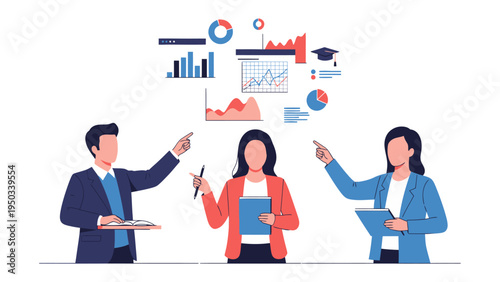 Business Team Analyzing Data: An illustration depicts a business team meticulously analyzing various data visualizations, with graphs, charts, and diagrams. It's a visual representation of teamwork.
