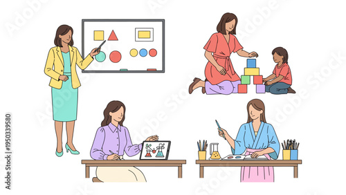 Education and Interaction: A set of scenes depicting the essence of education, showing a teacher explaining geometry, a teacher building blocks with a child.