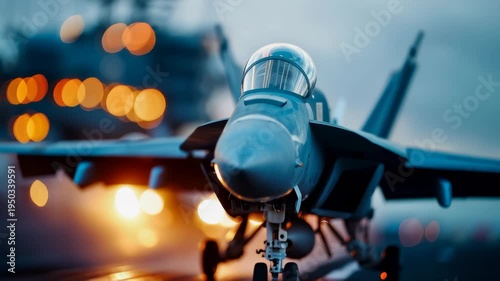 Military fighter jet flying at sunset with dramatic light and aerial motion in the sky