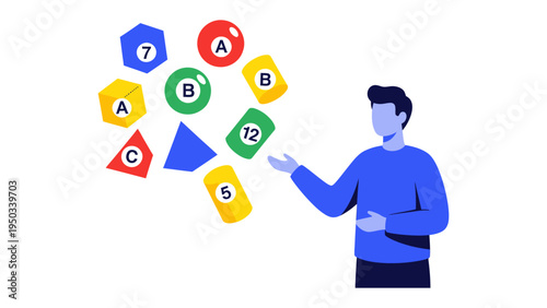 Decision-Making Process: An individual is seen amidst a whirlwind of abstract shapes with letters and numbers, potentially involved in a decision-making process.