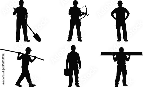 Construction worker silhouettes set, builders with tools shovel crossbow plank toolbox carrying beam, industrial labor people collection, black silhouette vector illustration isolated