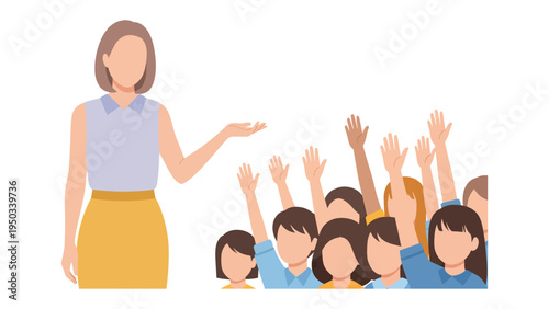 Engaging Audience: A leader or speaker addresses a captivated audience, encouraging participation as hands reach up in anticipation.
