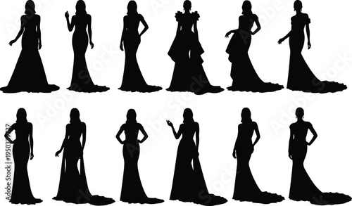 elegant women evening gown silhouette set, female fashion models wearing long dresses, glamorous lady poses collection isolated illustration