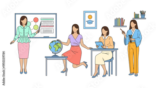 Empowering Educators: A collection of educators are engaged in their roles. Each embodies dedication and inspires growth with various tools.