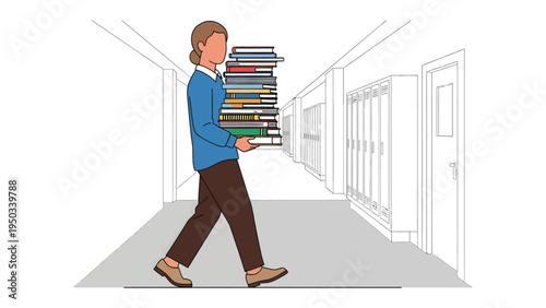Carrying Books in the Hallway: A person navigates a school hallway with a stack of books, personifying the essence of learning, education, and the intellectual journey.