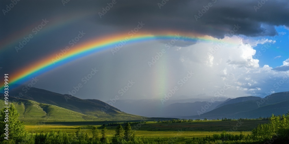 Fototapeta premium Vibrant rainbow arcs over lush green valley. Dark clouds contrast bright colors. Scenic landscape evokes peaceful mood.