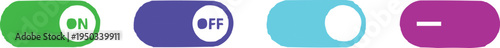 The image features a series of four toggle switches arranged in a horizontal row, each representing different states and colors, which can indicate various functionalities or settings. 