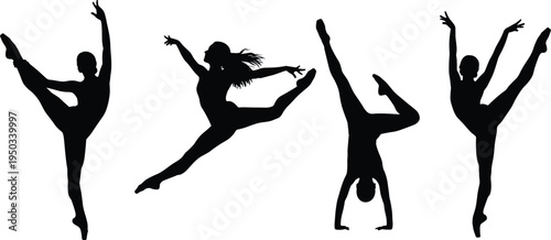 gymnast silhouette set, rhythmic gymnastics poses collection, female dancer performing jumps and handstand, athletic ballet sport illustration