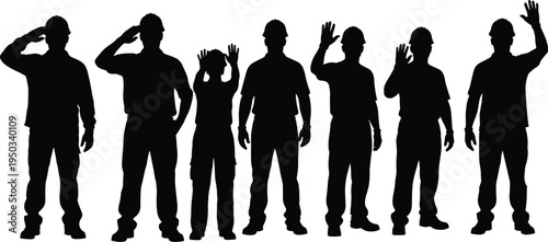 Construction workers silhouettes waving greeting and saluting poses, builders wearing safety helmets standing team collection, black silhouette vector illustration isolated
