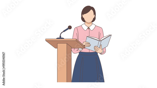 Podium Presentation: A poised individual delivers a speech, holding an open book, emphasizing clear communication and engaging the audience with confidence.