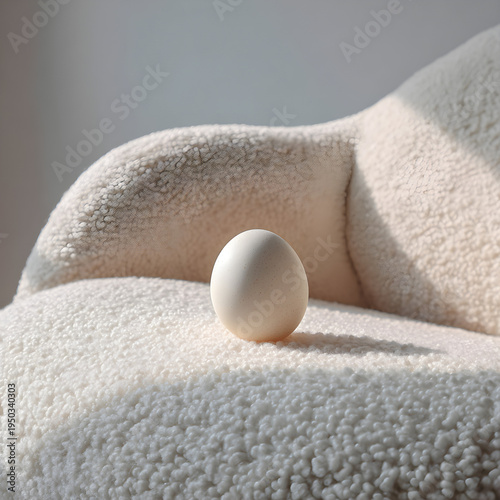 Close-up of a single egg resting on a bed of soft white cashmere wool on a minimalist armchair. - Image #2 @Ai content creator