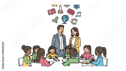 Classroom Dreams: An educator's illustration brings learning to life. Teachers lead a diverse classroom of students, illustrating the pursuit of knowledge.