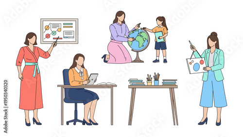 Knowledge Givers: Set of female teachers and students engrossed in an educational setting.