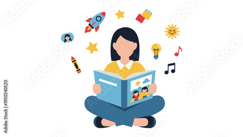 A Dreamer's Literary Journey: A young person engrossed in a storybook, surrounded by symbolic elements. inviting viewers into a world of imagination and wonder.