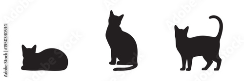 Three black cat silhouettes different poses simple shapes graceful feline forms for design