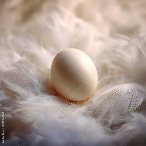 Close-up of a single egg resting on a bed of real white swan feathers with soft focus background. - Image #1 @Ai content creator