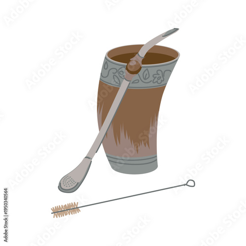 A traditional guampa is a vessel carved from a bull's horn. In Paraguay, it is used for terere . A handmade glass for the cold version of mate in Latin America. Vector illustration in a flat style.