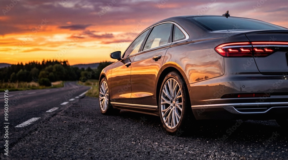 Fototapeta premium Luxury Audi A8 sedan parked on a winding country road at scenic sunset