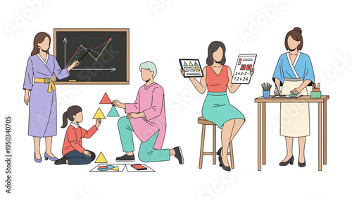 Education and Learning Activities: A collection of various illustration of people including teacher and student in educational activities, learning, teaching, and education settings. 