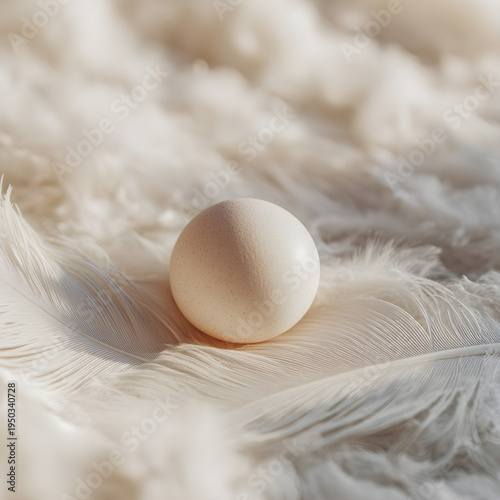 Close-up of a single egg resting on a bed of real white swan feathers with soft focus background. - Image #2 @Ai content creator