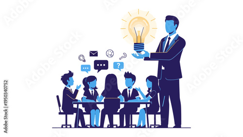 Brainstorming Innovation: An illustrated scene of a business team collaborating at a table. A leader holds a glowing light bulb symbolizing innovation and brainstorming with the team.