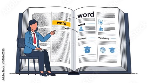 Vocabulary Unveiled: An animated illustration of a professional woman presenting a word in an open dictionary, providing a visual representation of language exploration and educational knowledge.