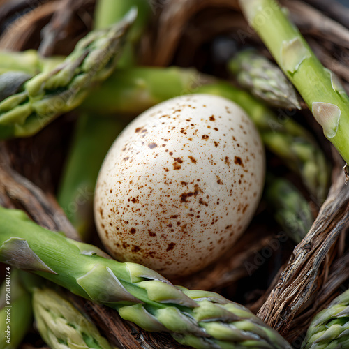 Close-up of a single egg resting on a bed of fresh spring asparagus in a garden basket. - Image #1 @Ai content creator