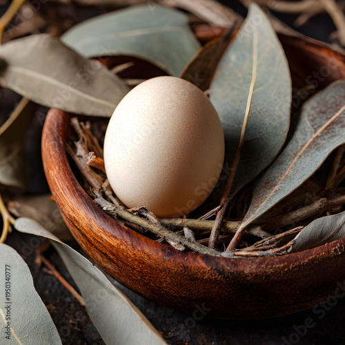 Close-up of a single egg resting on a bed of dry eucalyptus leaves in a rustic wooden bowl. - Image #1 @Ai content creator