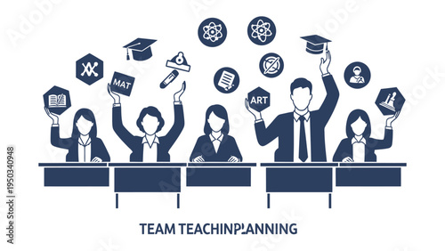 Team Teaching Planning: A team of educators, united in their pursuit of knowledge, gathers to collaborate and strategize in a harmonious setting. Embodying the spirit of cooperation.